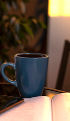 Evening coffee. Blue cup with coffee, open book and mobile phone, evening light, sunset, dusk. Atmospheric, cozy evening in the garden, green leaves, conversation. Warm light, blur bokeh.