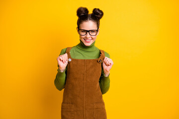 Portrait of her she nice attractive lovely content cheerful cheery knowledgeable girl nerd posing...