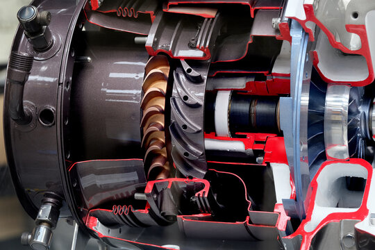 Cut away details of mall turbo jet engine.
