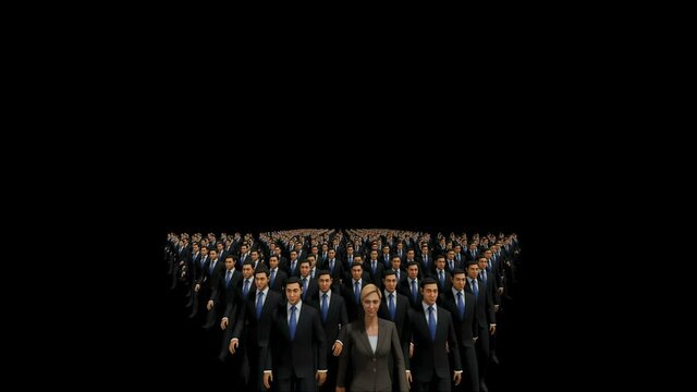 Businessmen with a businesswoman in front forming arrow shape pointing up, hd, against black