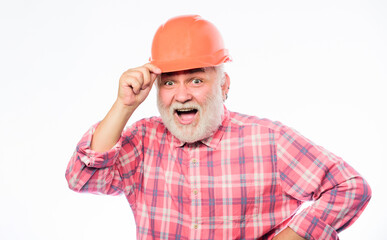 Repair concept. Engineer architect or contractor. Senior engineer foreman. Plumber service. Experienced engineer. Repairing or renovating. Home improvement. Man bearded engineer wear helmet
