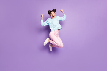 Full length body size view of her she nice attractive pretty lucky cheerful cheery girl jumping having fun rejoicing isolated violet purple lilac bright vivid shine vibrant color background