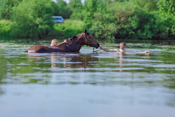 Fototapeta na wymiar Young blonde girl in a white long dress swims in the lake with a brown horse on a sunny day