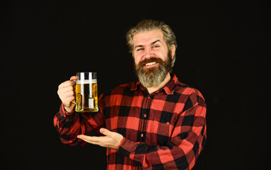 Alcohol beverage. Modern hipster getting drunk. Everything you always wanted in beer. Man hold mug of beer. Hipster at bar counter. Having fun. Brutal bearded man drink beer. Beer pub. Bartender bar