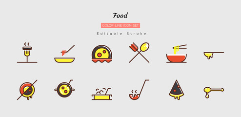filled color line icon symbol set, food, time at home cooking, meal, Isolated flat vector design, editable stroke