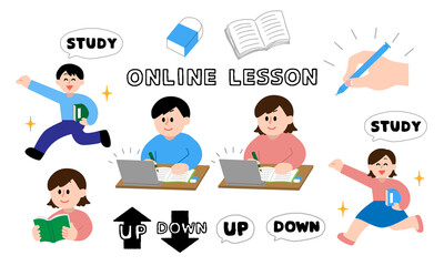 オンライン授業を受ける私服男性女性セット