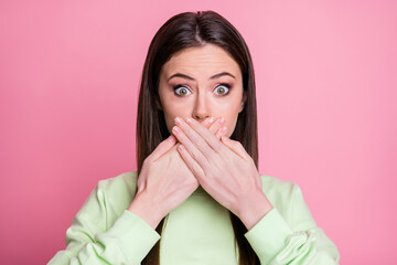 Closeup photo of pretty shocked lady straight long hairdo hiding mouth arms on lips say wrong...