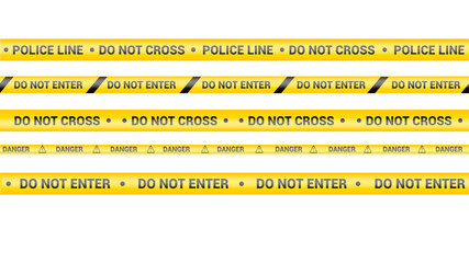 Police tape, crime danger line. Caution police lines isolated. Do not cross tapes. Set of yellow warning ribbons. Vector illustration on white background.