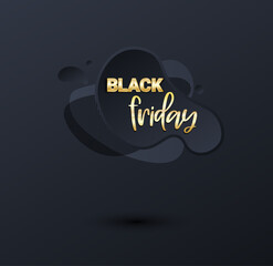 Black friday sale banner or poster with liquid splash background. Black friday commercial banner, 3d dynamic shapes and golden letters. Vector business illustration.