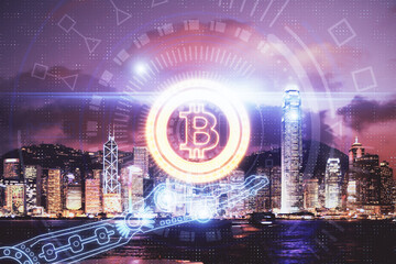Obraz premium Multi exposure of cryptocurrency theme hologram drawing and city veiw background. Concept of blockchain and bitcoin.