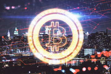 Multi exposure of cryptocurrency theme hologram drawing and city veiw background. Concept of...