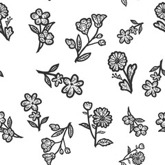 Seamless pattern wildflowers. Sketch scratch board imitation. Black and white.