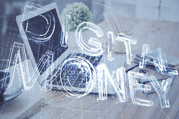 Double exposure of blockchain and crypto economy theme hologram and table with computer background. Concept of bitcoin cryptocurrency.