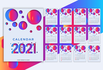 Calendar design for 2021. Colorful background. Sunday starts on Monday. Set of 12 pages of calendar design print vector template with a place for photos.
