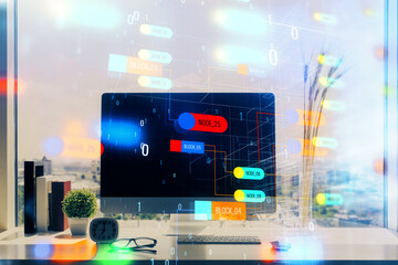 Multi exposure of table with computer on background and data theme drawing. Concept of innovation.