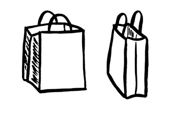 Hand drawn lineart shopping bags from different angles. Black paint brush illustration of shopping bag isolated on a white background.
