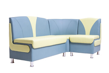 blue and green leather office sofa with metal chrome legs isolated on white background. modern couch, furniture, interior, home design