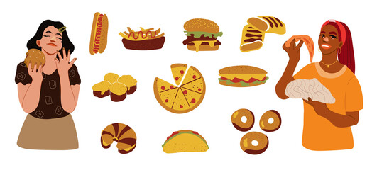 Junk food collection. Hand-drawn icons of hamburger, french fries, pizza, donuts, croissants, tacos, sushi isolated on white. Food delivery or takeaway. Modern trendy editable vector illustration.