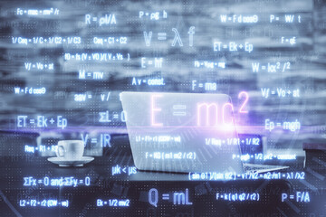 Desktop computer background and formula hologram writing. Double exposure. Education concept.