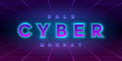 Cyber Monday sale retrowave style banner. Neon tech cyber Monday inscription on laser perspective grid background. Design element for event advertising, shares, promotion. Vector