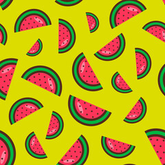 seamless pattern of watermelon slices on a yellow background. Bright watermelon pattern.Colorful fruit pattern. Vector