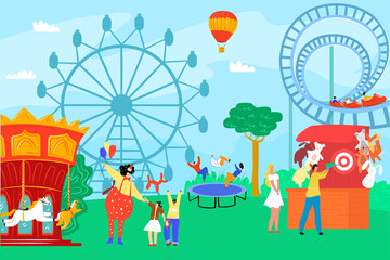 Amusement park with fun clown, vector illustration. Carnival and circus at festival, entertainment with carousel, cartoon balloon. Family with kid character at holiday attraction fair.
