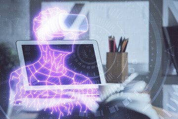 Computer on desktop with AR theme icon. Multi exposure. Concept of augmented reality.