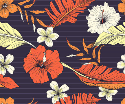 Colorful seamless pattern with exotic flowers and leaves. Dark backgroundB