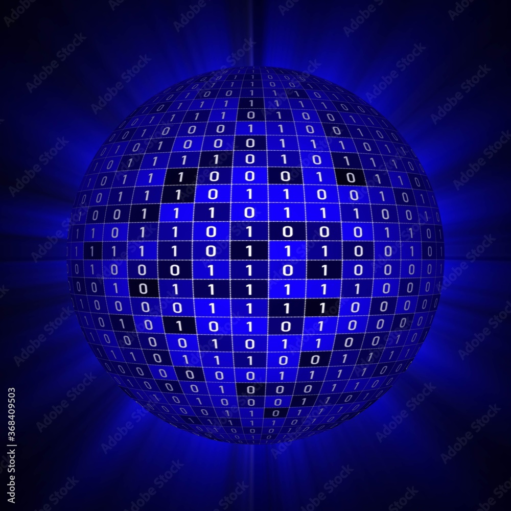 Poster intensive glowing ball or sphere with random binary numbers - composed of different blue elements ag