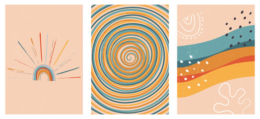 Set of three abstract pop art aesthetic backgrounds with sun lights, stars, Boho rainbow, waves, dots, spiral lines. Trendy colorful vector illustration for social media, web design in vintage style. © Nataly
