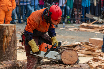 man cutting a log with chainsaw in safety outfit exhibition