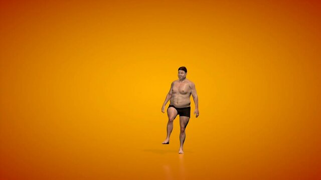 Fat man morphing into muscular fit, seamless loop, orange studio