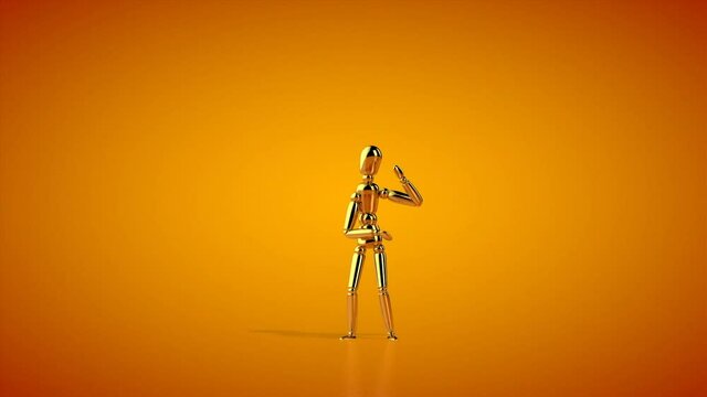 Funny golden mannequin dancing macarena, seamless loop, orange studio