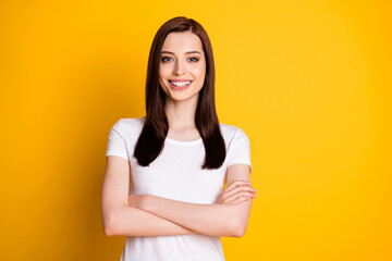Portrait of nice content manager girl cross hands enjoy decide decision choose choice wear casual style clothes isolated over bright color background