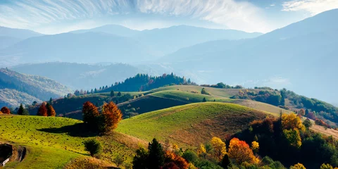 Foto op Aluminium mountainous rural landscape in autumn. fields on rolling hills. fence along the path. trees in colorful foliage. wonderful scenery in afternoon with bright sly. © Pellinni