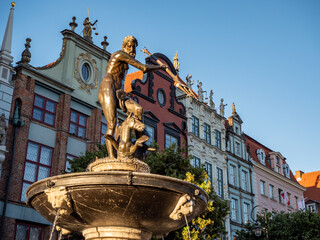 neptune fountain in the center of  gdansk poland