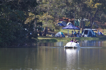 TERESOPOLIS, BRAZIL - JULY 13, 2020: Brazilian people have fun in pedal boat on Teresopolis, 2020, Brazil.