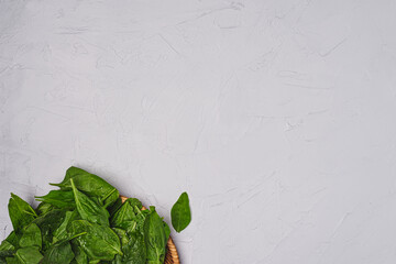 
Healthy food concept. Fresh green spinach in a wooden plate on a gray background. Top view.