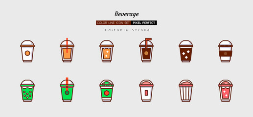 filled color line icon symbol set, drink beverage, cafe, cup, coffee, tea, Isolated flat vector design, editable stroke, 64 pixel perfect, for Digital Design, website, application 