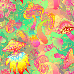 Magic mushrooms. Psychedelic hallucination. Vibrant vector illustration. 60s hippie colorful background, hippie and boho texture. Ttrippy wallpaper.