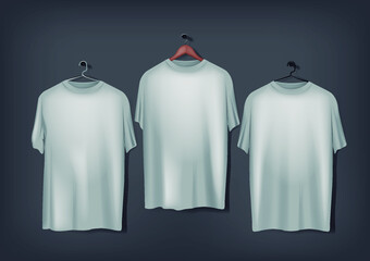 Men's gray basic t-shirts mockup with wood and metal hanger.