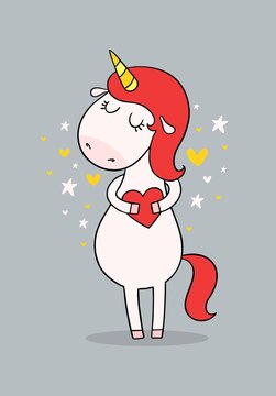 Funny cute cartoon unicorn with heart in hands. Magic flat illustration for kids. Valentines day, love and peace symbol.