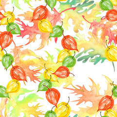 Vintage seamless watercolor pattern of  autumn leaves, physalis plant. Green, yellow, red, orange maple and oak leaf. stylish pattern. Abstract paint splash. Vintage Paper Background. autumn leaf