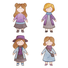 Original watercolor doll. Picture with cartoon girls. Nice illustration for for book, stickers,logo, business card or postcard.
