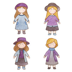 Original watercolor doll. Picture with cartoon girls. Nice illustration for for book, stickers,logo, business card or postcard.

