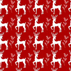 Vector seamless pattern with white christmas deer and spruce on red background in vintage style for fabrics, paper, textile, gift wrap. Christmas background