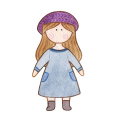 Original watercolor doll. Picture with cartoon girls. Nice illustration for for book, stickers,logo, business card or postcard.
