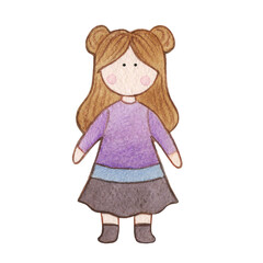 Original watercolor doll. Picture with cartoon girls. Nice illustration for for book, stickers,logo, business card or postcard.
