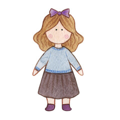 Original watercolor doll. Picture with cartoon girls. Nice illustration for for book, stickers,logo, business card or postcard.
