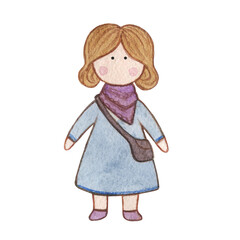 Original watercolor doll. Picture with cartoon girls. Nice illustration for for book, stickers,logo, business card or postcard.
